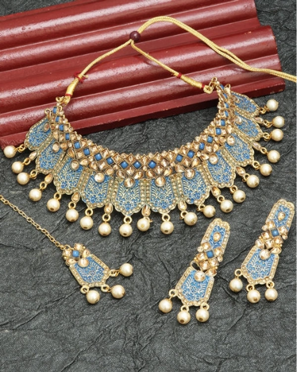 Gold Plated Bridal Look Partywear Hasli/ Choker Necklace with Earrings and maangtika - Adjustable, Light Blue, Gold Plated, Artificial Stone& Beads, Multipack 1